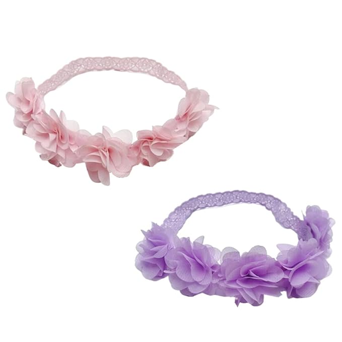 Jilukibo Baby Elastic Lace Bows Flower Headbands, Stretch Gold Princess Floral Hair Band Headwear for Infant Girls Toddler Hair Accessories (2 Pack, Purple Pink)