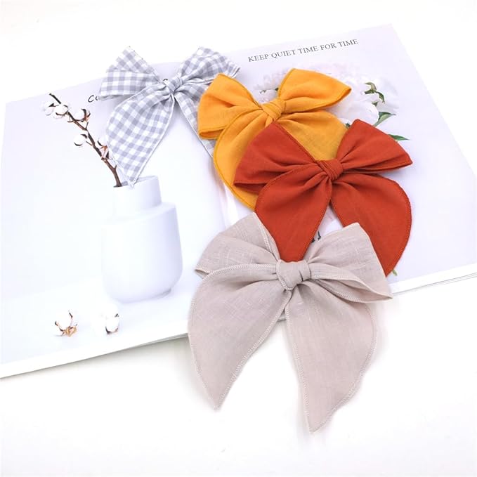 Pack of 4 Gorgeous Fable Bow Hair Clips for Girls Women Linen Hair Bow Alligator Clips Toddler Baby Mom Young Girl Hair Accessories (Rust/Beige)