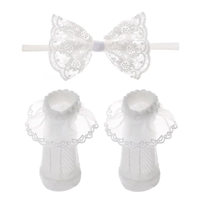 Baby Baptism Headband Lace Bow Headband Christening Headbands with Pearls TSFD30 (Headbad and Sock Set)