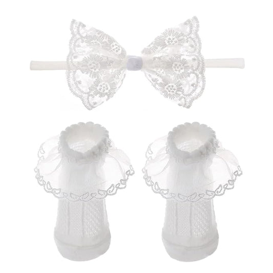 Baby Baptism Headband Lace Bow Headband Christening Headbands with Pearls TSFD30 (Headbad and Sock Set)
