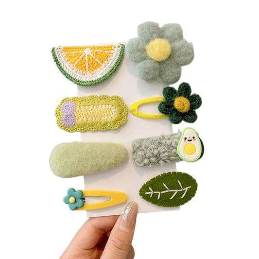 (8 Pcs) Super Cute Lovely Warm Autumn Winter Spring Theme Kid's Hairpin Flower Floral Bear Bowknot Hair Clips Hair Decoration Women Girls Salon Hairstyle Hairdressing Grip -Green