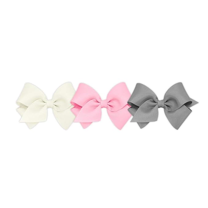 Wee Ones Girls' 3 pc Set Solid Grosgrain Variety Pack on a WeeStay No-Slip Hair Clip, Small, Antique White, Pearl Pink, and Gray