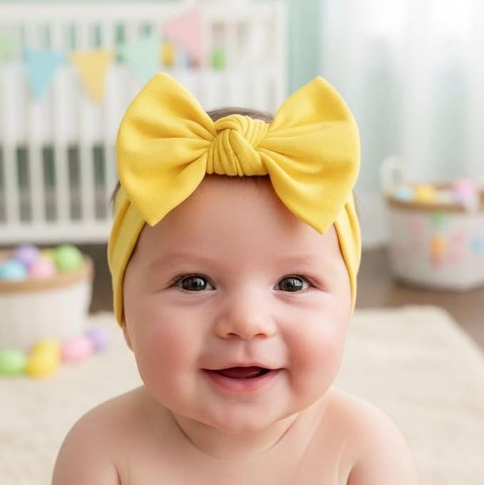 Baby Girl Headbands 0–6 Months – Newborn Infant Soft Cotton Handmade Bow Headband, Stretchy No Mark Baby Hair Accessories (Yellow, 0-6 Month)