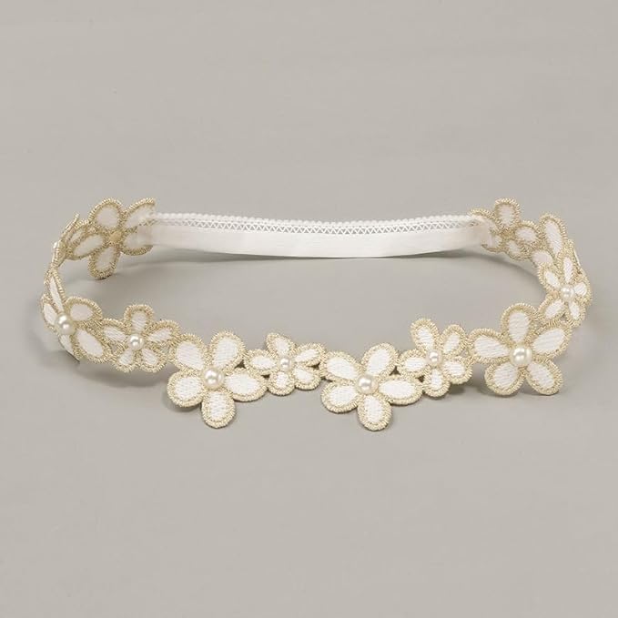 Baby Girl Gold Flower Lace Headband Toddler Elastic Floral Hair Band Newborn Infant Soft Lace Baptism Christening Hair Accessories for Birthday Party (Gold A, Standard size)