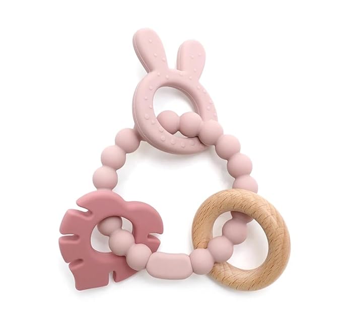 | Bohemian Teether | Baby Teether | Sensory Exploration and Teething Relief | 100% Food-Grade Silicone Teether Toy | BPA Free | Chewbeads | Silicone with Beechwood Ring | (Pink)