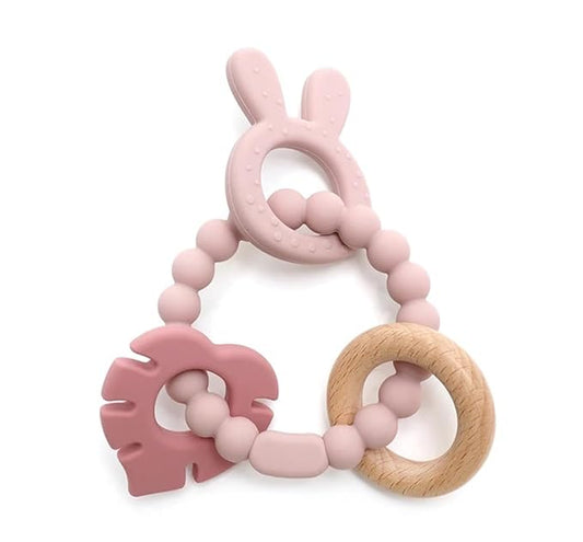 | Bohemian Teether | Baby Teether | Sensory Exploration and Teething Relief | 100% Food-Grade Silicone Teether Toy | BPA Free | Chewbeads | Silicone with Beechwood Ring | (Pink)