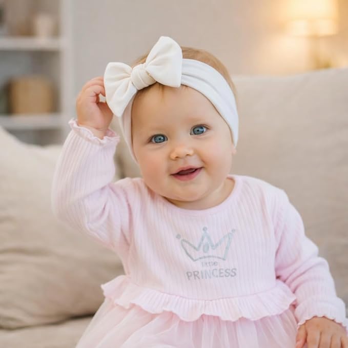 Baby Girl Headbands 0–6 Months – Newborn Infant Soft Cotton Handmade Bow Headband, Stretchy No Mark Baby Hair Accessories (Soft White, 0-6 Month)