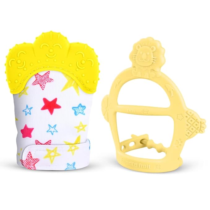 Vicloon Silicone Teething Mitt, 2Pcs Baby Teething Mitten with Adjustable Strap, Crinkle Sound and Textured, Self Soothing Baby Chew Toys for 0-6 Month Infants