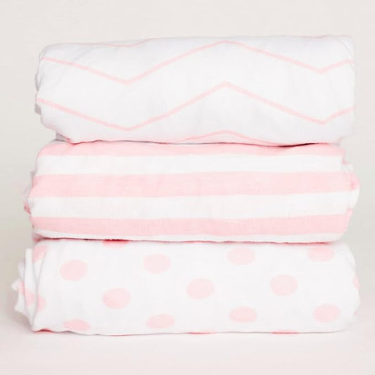 NODNAL CO. 3 Fitted Pink Mini Crib Pack n Play Playard Portable Crib Sheets Set - 100% Oeko-TEX Cotton Baby Girl Nursery Bedding - Chevron, Polka Dot, & Stripe Travel Pack and Play Playpen Sheet