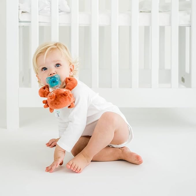 PaciBuddy Crab Pacifier Holder - Plush Toy with Detachable Pacifier & Universal Adapter, Gender Neutral Baby Gift for 0+ Months - Infant Plush Baby Toy, Versatile Baby Essentials, Binky