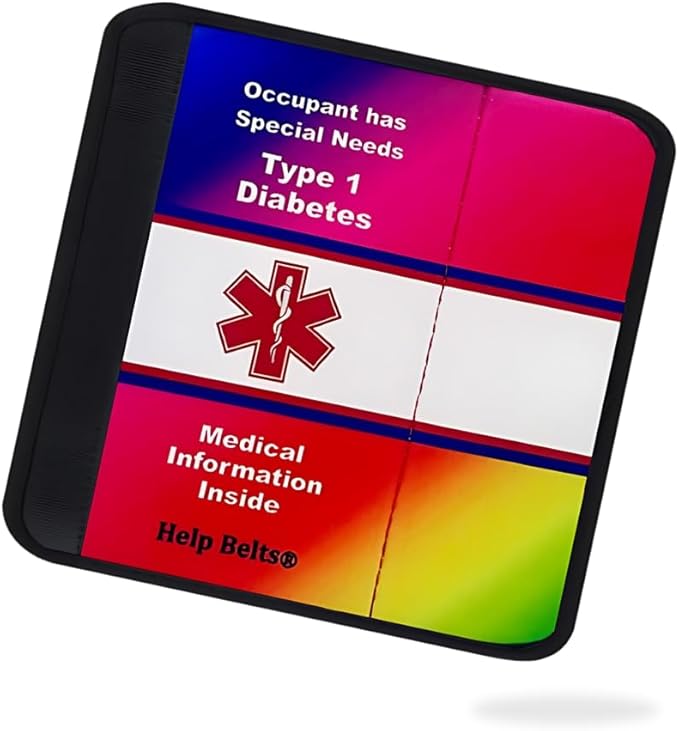 Type 1 Diabetes Awareness Medical Alert Seatbelt Cover for Children in Car Seats (6”) Featuring an Emergency Information Form and Pocket by Help Belts. (Rainbow/White)