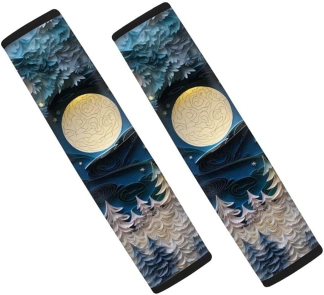 Retro Forest Moon Set of 2 Pcs Car Seat Belt Pads Paper-Cut Art Line Pine Tree Auto Seat Belt Cover Protects Shoulder Car, Truck, SUV, Backpack Strap Shoulder Pad