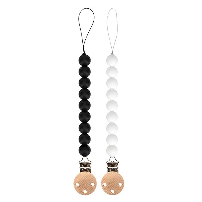Silicone Pacifier Clip Holder for Baby, Fits Most Pacifier Styles, BPA-Free, 2 Pack (Black & White)