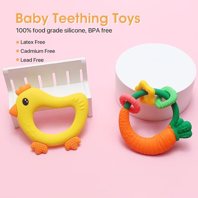 Baby Teether with Easy-Hold Handle, Silicone, BPA-Free, Soothe Sore Gums, Textured for Sensory Development, Teethable Surfaces - Baby Teething Toy for 3 Months & Up (Carrot and Chicken)