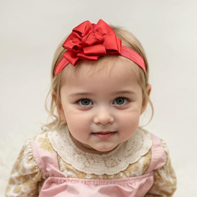 Large Flower Elastic headband for Baby Girl Infant Soft Fabric Chiffon Floral Hairband Toddler Newborn Christening Baptism Hair Accessories (Flower 6 - Red, Elastic)