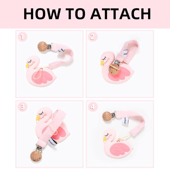 Baby Food Grade Silicone Teether Toy with Pacifier Clip Holder,Teething Pain Relief Toys Gift Set for 3 Months+ Boys and Girls,Freezer Safe,BPA Free (Pink Flamingo)
