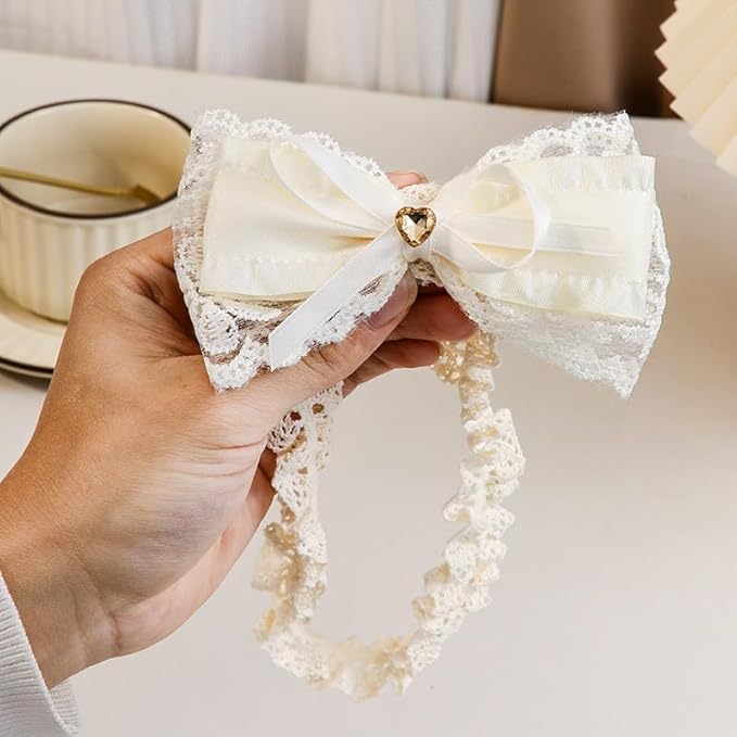 Baby Girl Bows Lace Headband Soft Cotton Tulle Hair Band Princess Infant Head Wrap Turban Ribbon Bow-knot Elastic Hair Accessory for Newborn Infant Toddler (Off white, Standard size)