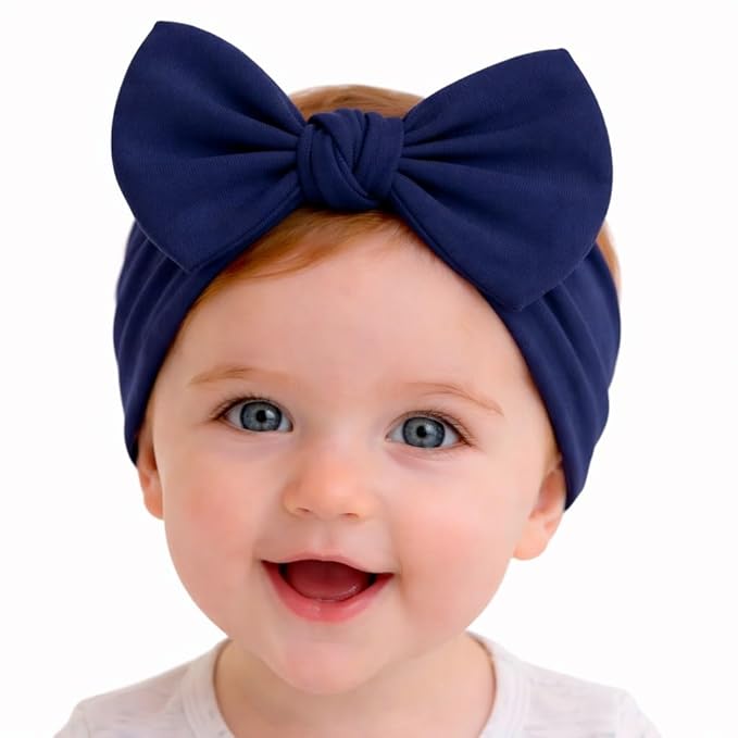 Baby Girl Headbands 0–6 Months – Newborn Infant Soft Cotton Handmade Bow Headband, Stretchy No Mark Baby Hair Accessories (Navy Blue, 0-6 Month)