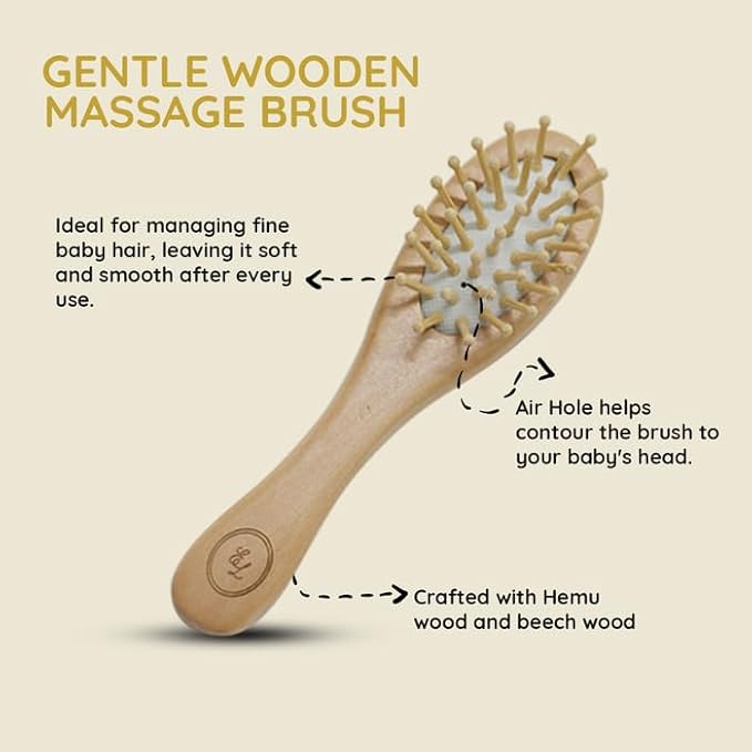 Wooden Baby Brush Set - 3 Pack | Massage Brush, Soft Goat Hair Cradle Cap Brush & Sturdy Wooden Comb for Tangle-Free Baby Hair Grooming | Pull-Free, Gentle on Baby’s Scalp
