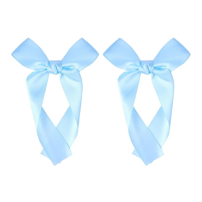 2-Pack Long Satin Ribbon Hair Bows for Girls – Elegant Silk Hair Clips for Toddlers, Infants, Teens & Kids - Sky Blue