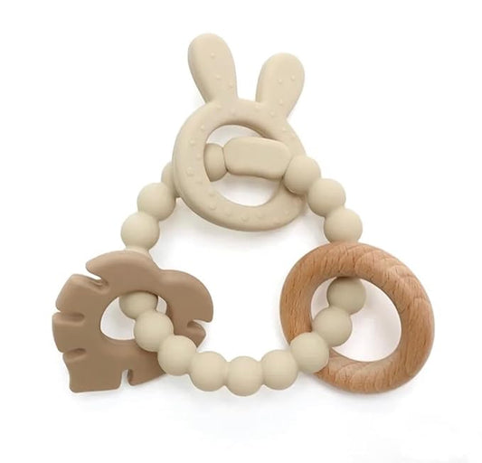 | Bohemian Teether | Baby Teether | Sensory Exploration and Teething Relief | 100% Food-Grade Silicone Teether Toy | BPA Free | Chewbeads | Silicone with Beechwood Ring | (Tan)