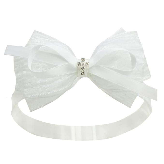 Nihao Baby White Organza Bow Headband for Toddler (0-6 months) - Handmade Bow for Baptism, Christening, First Communion, Weddings, Baby Shoots, Birthdays and more