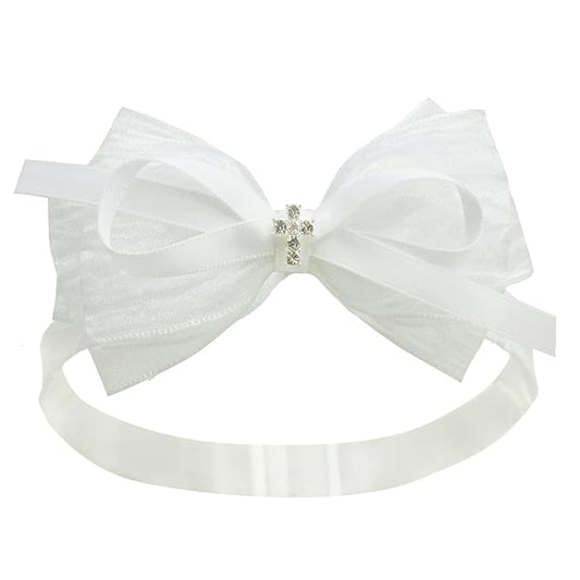Nihao Baby White Organza Bow Headband for Toddler (0-6 months) - Handmade Bow for Baptism, Christening, First Communion, Weddings, Baby Shoots, Birthdays and more