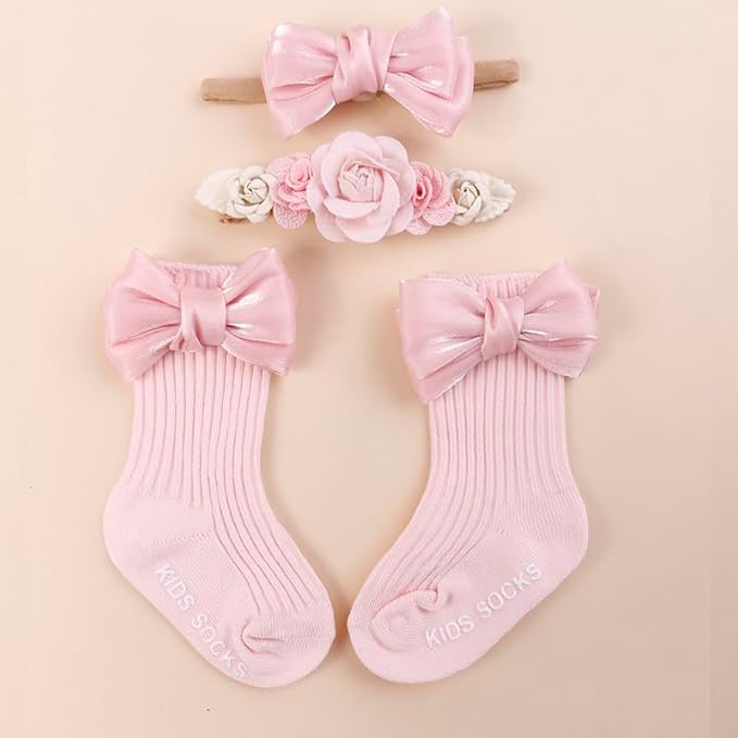 cherrboll Baby Girl Headbands and Socks Set, 3Pcs Soft Floral Hairbands Hair Bows Knit Socks for Newborn Infants Toddlers Photography Props Gifts