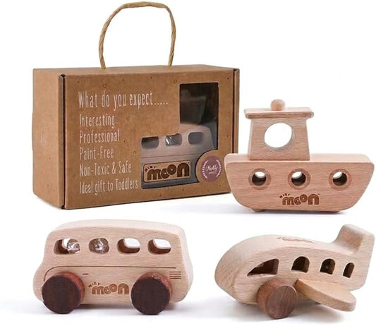 Wooden Toys for 1 Year Old – Montessori Baby Toy Set with Bus, Airplane & Boat – Minimalist Nursery Decor & Teething Safe Infant Toys for Boys and Girls – 3 Piece Ergo-Fit Set
