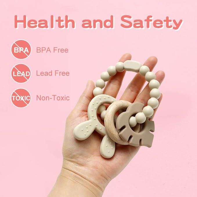 | Bohemian Teether | Baby Teether | Sensory Exploration and Teething Relief | 100% Food-Grade Silicone Teether Toy | BPA Free | Chewbeads | Silicone with Beechwood Ring | (Tan)