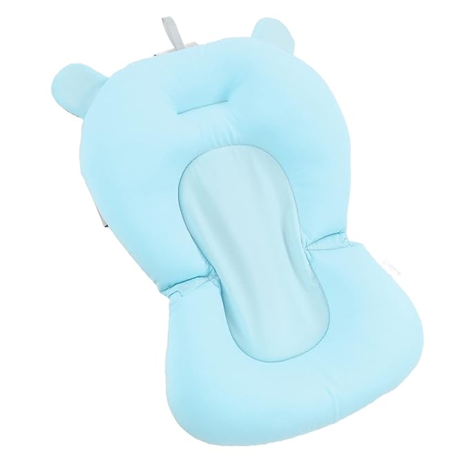 Baby Bath Cushion Pad - Newborn Bathtub Mat with Infant Bath Supporter Net and Nonslip Floating Seat (Blue Bear)