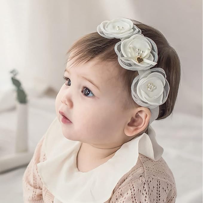 Baby Girl Headband White Lace Hairband Elastics Flower Head Wrap Hair Accessories Gift for Newborn Infant Toddlers Kids Baptism Shower Gift Birthday Wedding Party (Style 7)