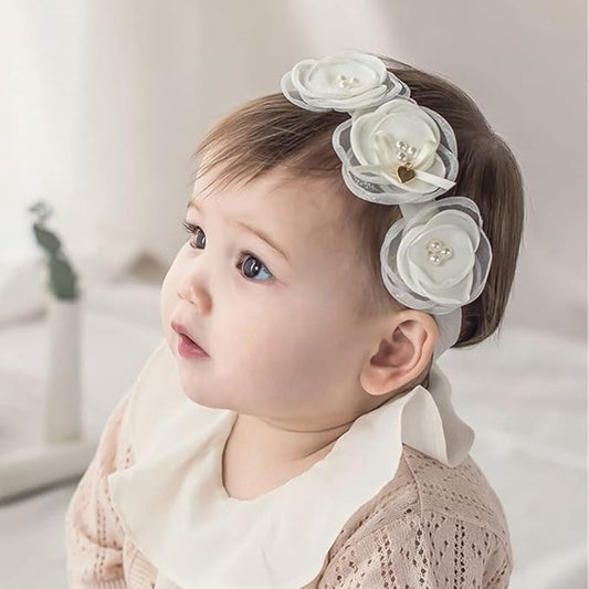 Baby Girl Headband White Lace Hairband Elastics Flower Head Wrap Hair Accessories Gift for Newborn Infant Toddlers Kids Baptism Shower Gift Birthday Wedding Party (Style 7)