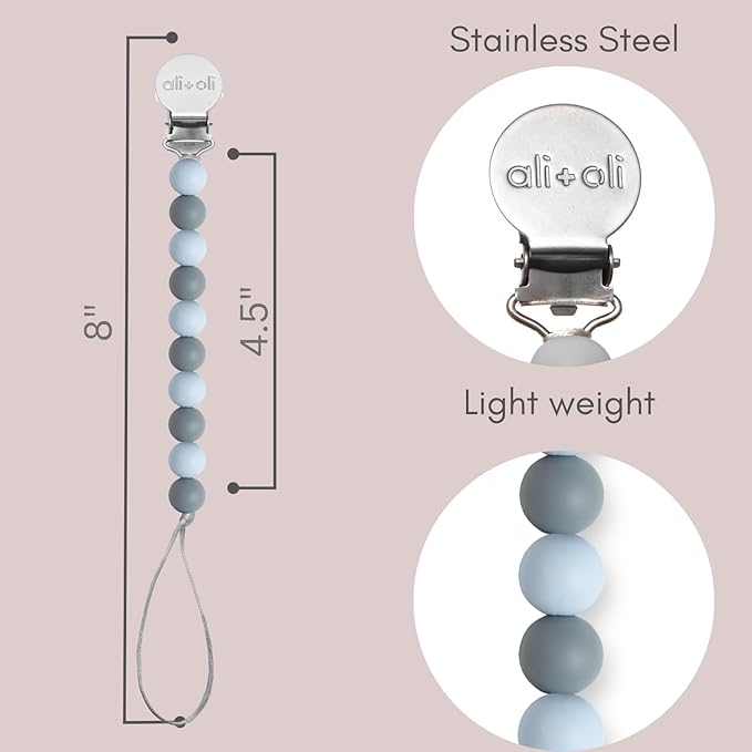 Ali+Oli Silicone Pacifier Clip for Baby (Thin Iron) 100% Food-Grade BPA Free Newborn Pacifier Holder Infant Binky Clip for Baby Boy or Girl