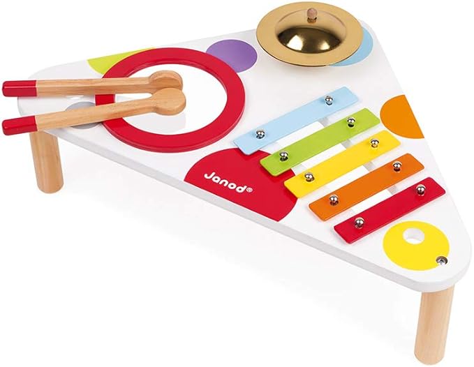 Janod Confetti Wood Musical Table - Includes 3 Instruments - Ages 12 Months+ - J07634