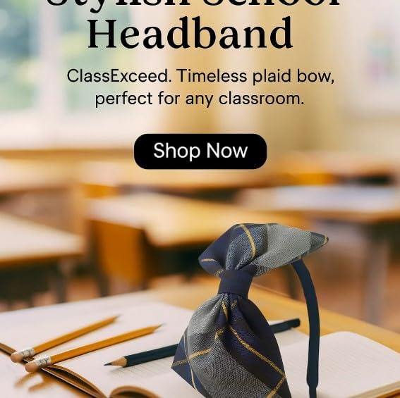 ClassExceed School Headband, Plaid bow headband, back to school, available in variety of school plaids (Plaid 57 Classic Navy Gold plaid, Regular)