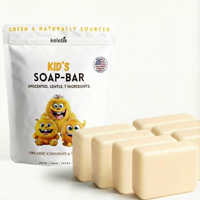 KELEBS Unscented Kids Soap Bar 7-Pack – Organic & Gentle Trio Oil Body Wash for Children – Soothes Dry & Delicate Skin – Only 7 Natural Ingredients