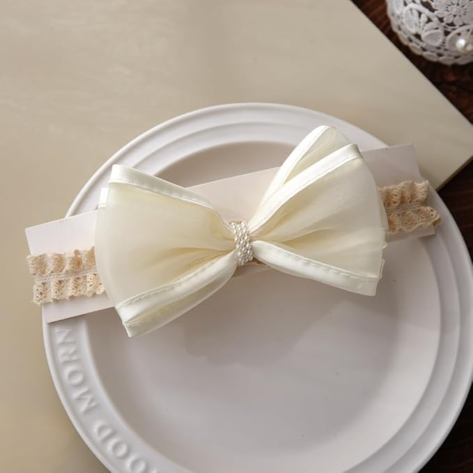 Cute Baby Girl Lace Headband Lace Bow Hair Accessories Elastic Bow Head Wrap for Newborn Infant Toddler Christening Baptism Party Hair Accessories for 0-36 Months (Ivory E, Free)