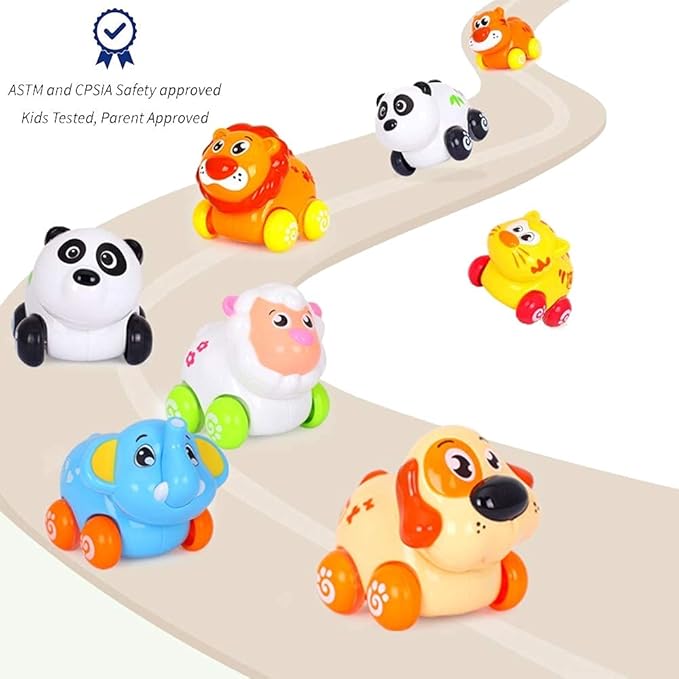 Liberty Imports 8 PCS Cartoon Animals Friction Push and Go Toy Cars Play Set for Babies and Toddlers | Cute Mini Play Vehicles Party Favors - Age 18 Months and Up