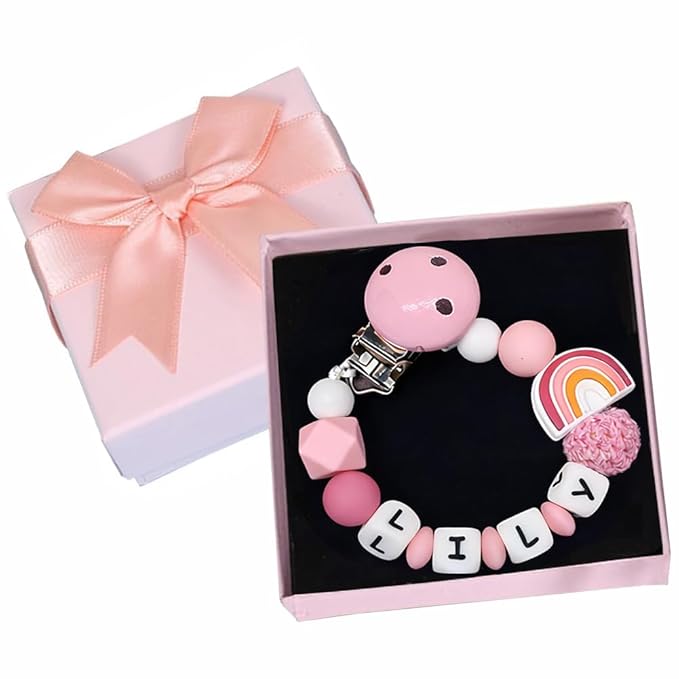 Personalized Pacifier Clip with Name, Custom Rainbow Silicone Binky Holder for Baby Girls & Boys