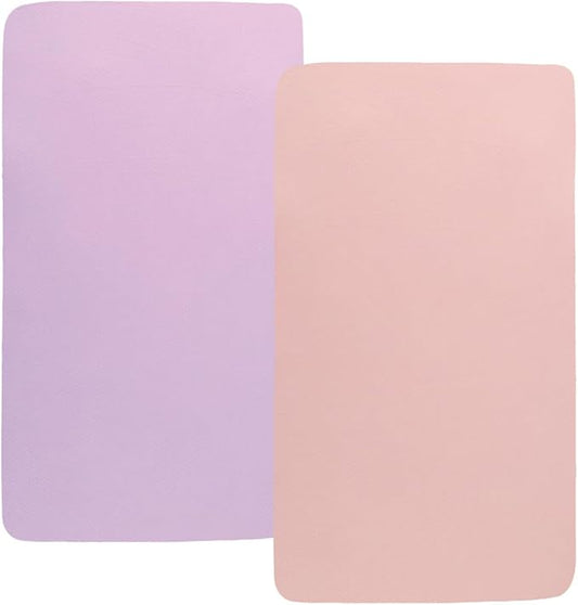 Pack n Play Sheet Stretchy Fitted Portable Mini Crib Sheets Set 2 Pack,Playard Sheets Convertible Playard Mattress Cover,Ultra Soft Jersey Material, Light Purple & Pink