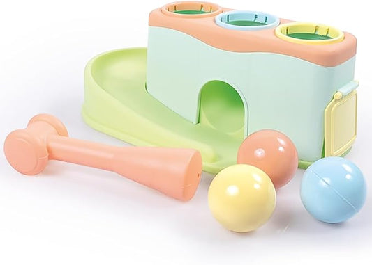 DOLU: Rolling Balls - Pound & Play Toy, Bench w/Exciting Roll Ramp, Hammer Mallet, 3 Balls, Soft Pastel Colors, Push & Grab, Kids & Toddlers 18mo+