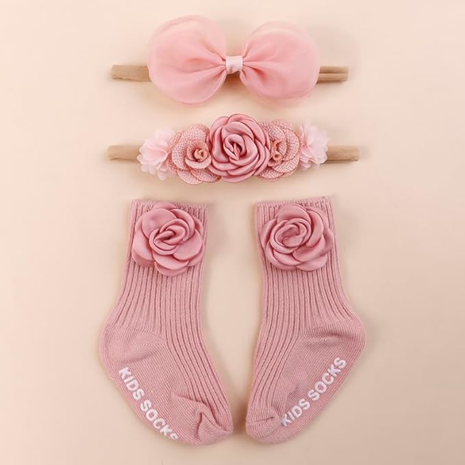 cherrboll Baby Girl Headbands and Socks Set, 3Pcs Soft Floral Hairbands Hair Bows Knit Socks for Newborn Infants Toddlers Photography Props Gifts
