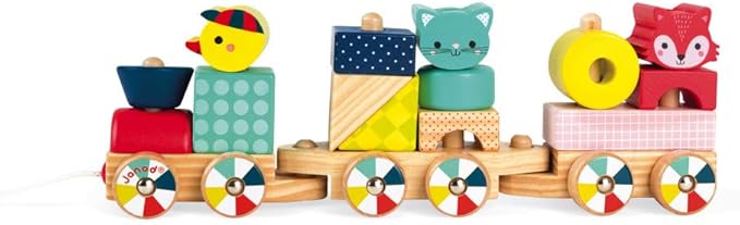 Janod - Baby Forest Wooden Train - Pull-Along Toy - 17 Blocks Included - Learning Shapes and Colours - Developing Fine Motor Skills - from 1 Year Old, J08022