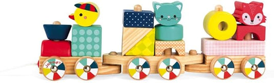 Janod - Baby Forest Wooden Train - Pull-Along Toy - 17 Blocks Included - Learning Shapes and Colours - Developing Fine Motor Skills - from 1 Year Old, J08022