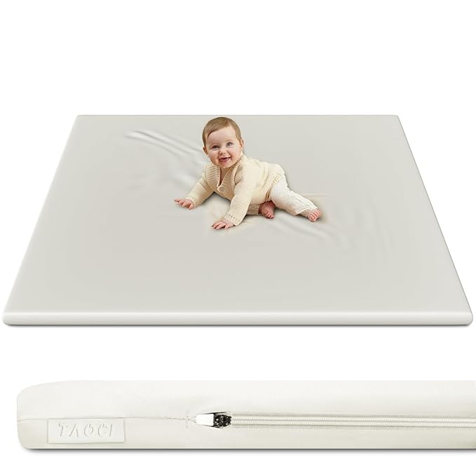 Padded Baby Play Mat Soft Vegan Leather with Thicken Foam Mat Easy Wipe-Clean Cushioned & 2 Sides Waterproof Baby Tummy Time Playmat Fits 50" x50" Playpens,2 Support Toybar Poles Included