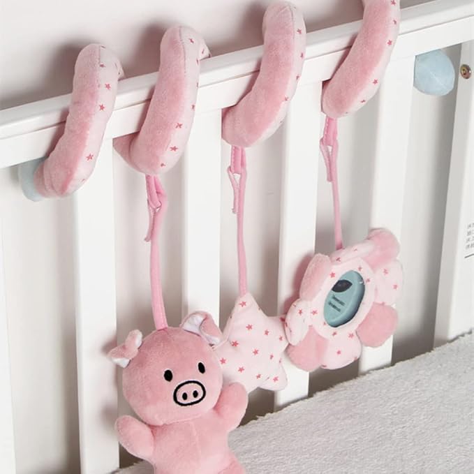 Baby Car Seat Toys, Infant Activity Spiral Plush Toys Hanging Stroller Toys for Baby Girl and Boy with Distorting Mirror (Pink Pig)