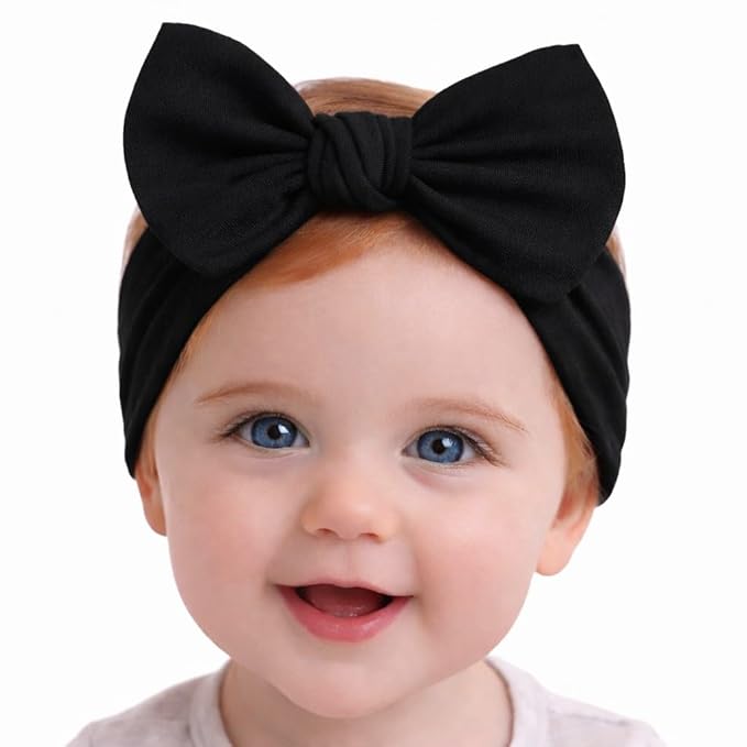 Baby Girl Headbands 0–6 Months – Newborn Infant Soft Cotton Handmade Bow Headband, Stretchy No Mark Baby Hair Accessories (Black, 0-6 Month)