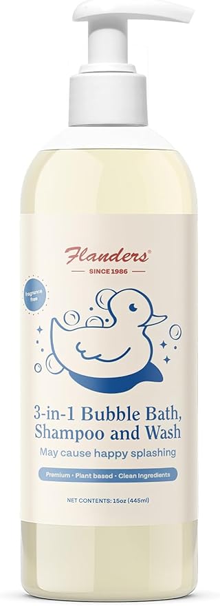 Flanders 3-in-1 Baby Bubble Bath, Shampoo & Body Wash 15oz Bottles with Pump | Tear-Free, Hypoallergenic Cleanser with Jojoba, Coconut & Argan Oil, Fragrance Free for Sensitive Skin