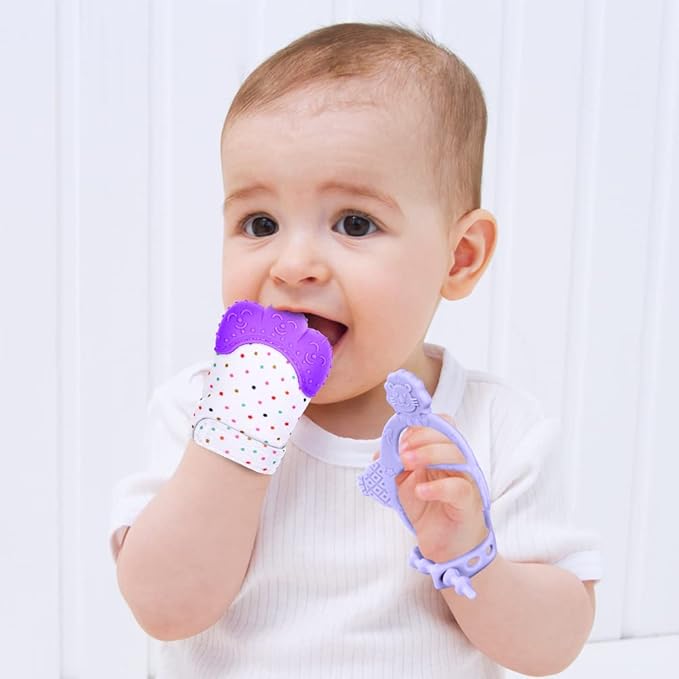 Vicloon Silicone Teething Mitt, 2Pcs Baby Teething Mitten with Adjustable Strap, Crinkle Sound and Textured, Self Soothing Baby Chew Toys for 0-6 Month Infants